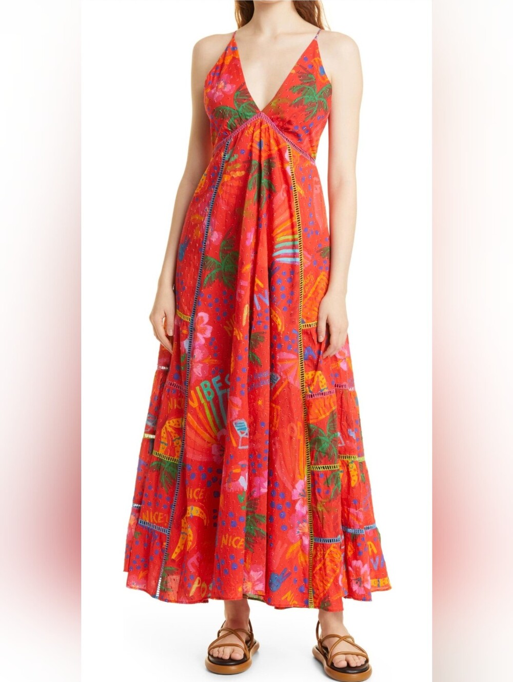 FARM Rio Red Good Vibes V-Neck Maxi Dress Cotton Tropical Tiered Boho